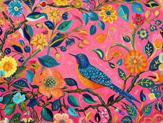 Beautiful Timeless Classic Victorian style Poetic and Hand Painted Retro Fine Art canvas for wallpaper and background with Colorful Peacocks, birds, Flowers and plants, Nature-inspired and floral