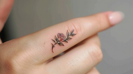 tiny feminine tattoo on finger - obrazy, fototapety, plakaty