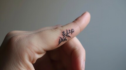 tiny feminine tattoo on finger - obrazy, fototapety, plakaty
