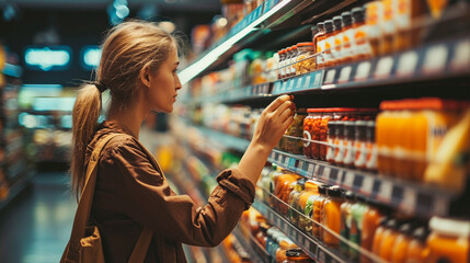 Woman checking label for preservatives in different baby food jars at supermarket, AI Generated - obrazy, fototapety, plakaty