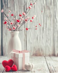Valentine background. Gift box and Valentine hearts in white vase on wooden background.
