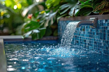 a faucet by the swimming pool, filling the pool with water