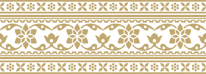 Vector seamless gold indian national ornament. Ethnic endless plant border. Flowers frame. Poppies and leaves..