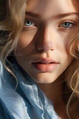 Portrait of a Young Woman with Blonde Hair and Blue Eyes