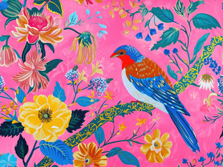 Obraz premium Beautiful Timeless Classic Victorian style Poetic and Hand Painted Retro Fine Art canvas for wallpaper and background with Colorful Peacocks, birds, Flowers and plants, Nature-inspired and floral