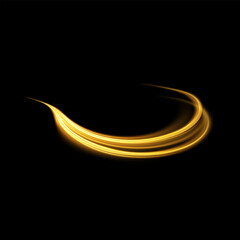 Gold glowing shiny lines effect black background. Luminous white lines of speed. Light glowing effect. Light trail wave, fire path trace line and incandescence curve twirl