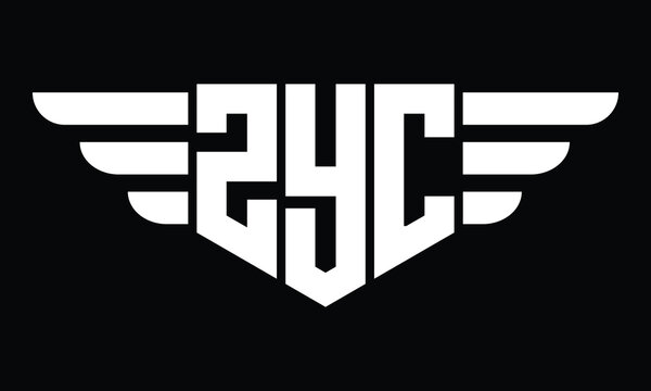 ZYC three letter logo, creative wings shape logo design vector template. letter mark, word mark, monogram symbol on black & white.	