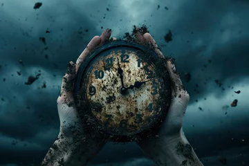 Foto op Canvas A clock falling from a hand full of dust,  time running out concept © People