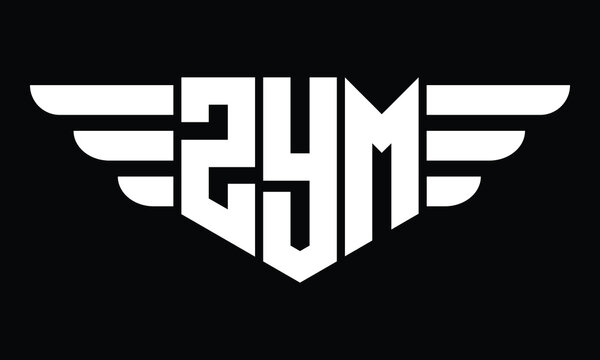 ZYM three letter logo, creative wings shape logo design vector template. letter mark, word mark, monogram symbol on black & white.	