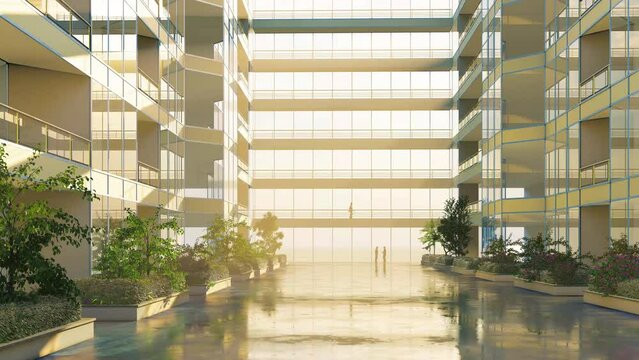 Early morning in a new business center, 3D rendering