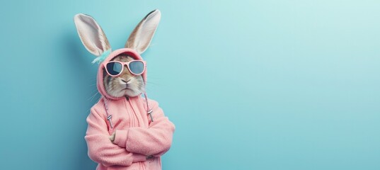 Funny easter concept holiday animal celebration greeting card - Cool cute easter bunny, rabbit with sunglasses and jogging suit with rabbit ears, isolated on blue background