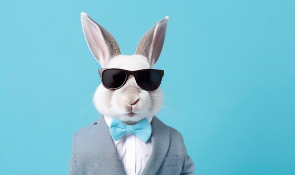 Funny easter concept holiday animal celebration greeting card - Cool easter bunny, rabbit with suit, sunglasses and bow tie, isolated on blue background