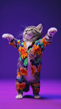Cute cat wearing colorful clothes dancing on purple background . Vertical background