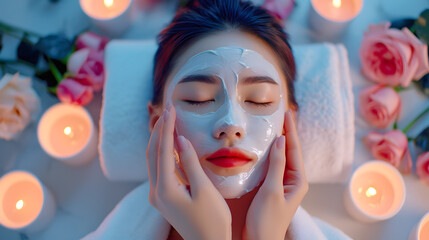 Young asian woman lays on the coach for beauty procedures with closed eyes wearing white robe, another hands are putting cosmetological mask on face, Roses, scented candles.