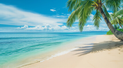 A tranquil scene captures the pristine beauty of a deserted tropical beach with clear blue waters under a bright sky.