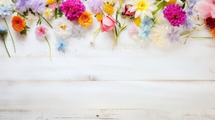 Top view of colorful delicate spring flowers on white wooden background with copy space.