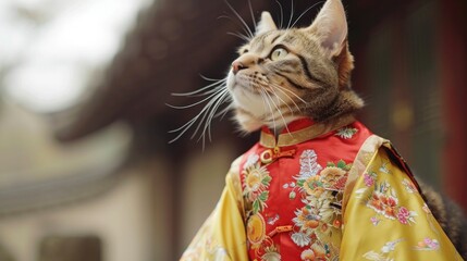 A cat wearing hanbok style traditional Chinese dress
