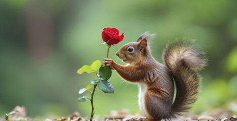 A cute squirrel carrying a red rose for his lover. Valentine's Day.