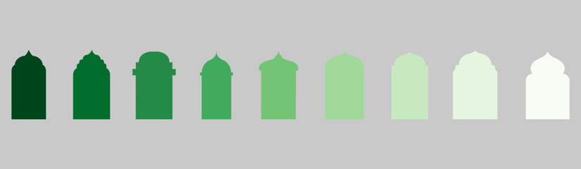 Set of oriental style Islamic shape window frame in green color. Flat style vector design mosque dome and lanterns  © DennisStudio