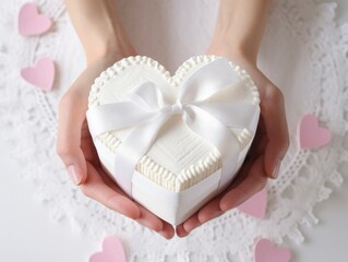 photo top vie of white small bento cake with heart symbol in center