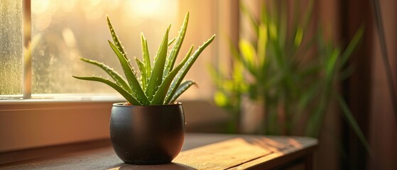 Green aloe vera in pot on chest of drawers indoors