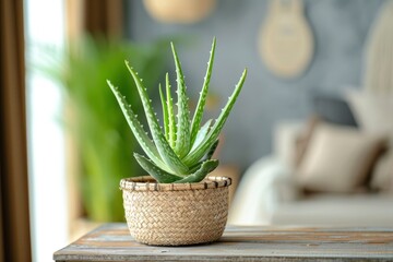 Green aloe vera in pot on chest of drawers indoors