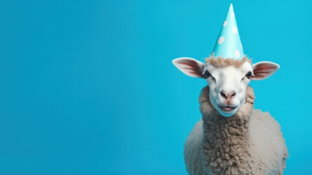 Funny sheep with birthday party hat on blue background.