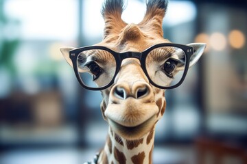 Funny giraffe scientist in a laboratory. - obrazy, fototapety, plakaty