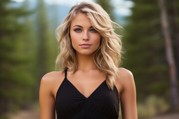 Fototapeta premium A blonde woman model wearing a black sundress in the garden