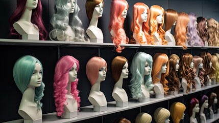 Fototapeta na wymiar Mannequins display modern hairstyles in many color variations