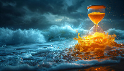 Hourglass in the middle of the sea, power of time and time passing concept.  - obrazy, fototapety, plakaty