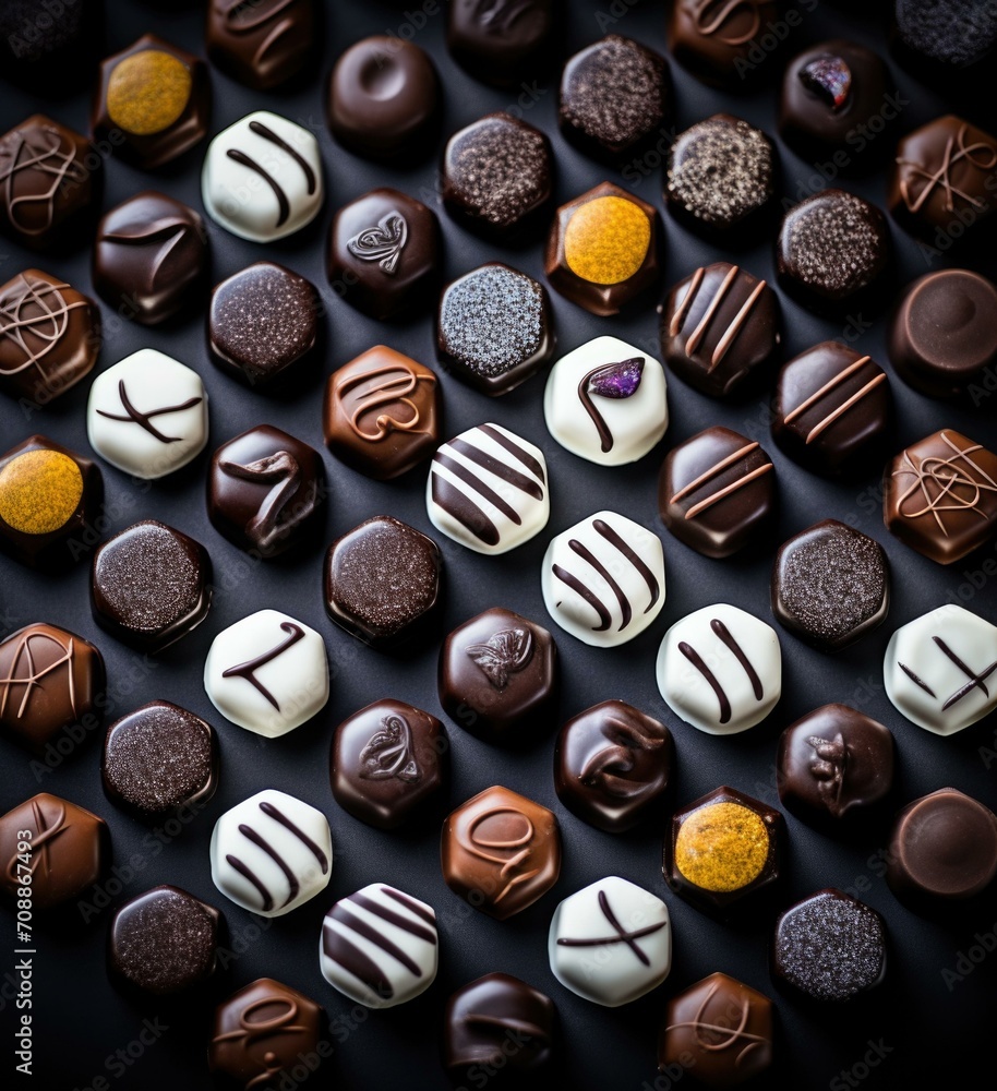 Poster a large assortment of chocolates on a black background. generative ai.