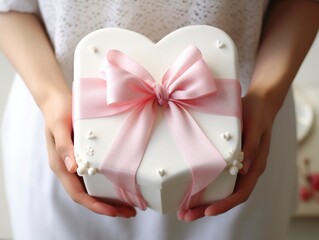 photo top vie of white small bento cake with heart symbol in center