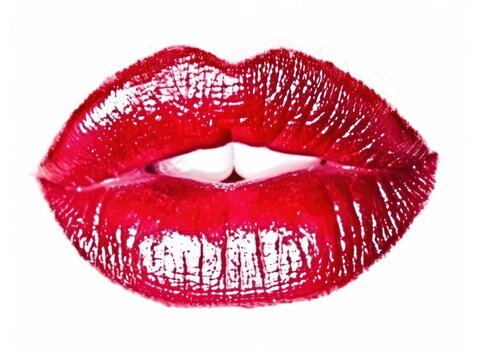 the red lips are shown on a white background in the photograph,