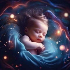 A baby sleeping in a dark blue blanket with stars. Generative AI.