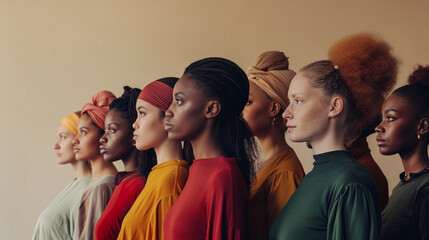 A powerful photograph featuring a diverse group of women standing in unity, symbolizing strength and solidarity, women�s history month, hd, diverse women in unity with copy space - obrazy, fototapety, plakaty