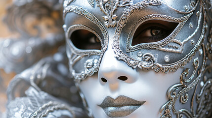 A close-up photograph of a Venetian mask with silver accents, showcasing the metallic details that enhance its elegance, venetian masks, hd, silver mask close-up with copy space