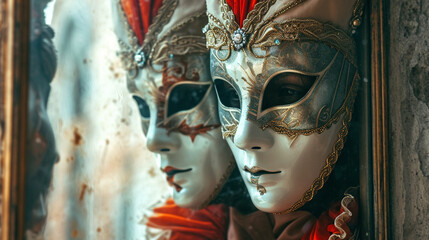 A photograph capturing the reflection of Venetian masks in a mirror, creating a mesmerizing and symmetrical composition, venetian masks, hd, mirrored mask reflection with copy spac