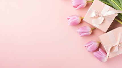 Top view of trendy gift boxes with ribbon bows and tulips on an isolated pastel pink background with copy space. Mockup, banner, flatlay. Mother's Day, March 8, Spring, the birthday of the concept.