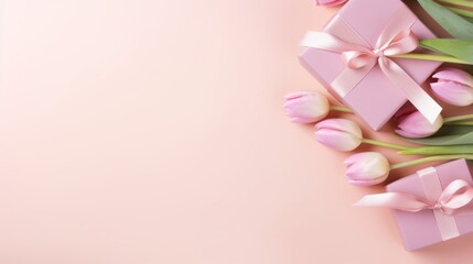 Top view of trendy gift boxes with ribbon bows and tulips on an isolated pastel pink background with copy space. Mother's Day, March 8, Spring, the birthday of the concept.