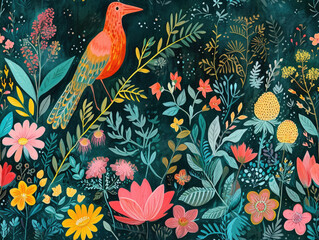 Fototapeta premium Beautiful Timeless Classic Victorian style Poetic and Hand Painted Retro Fine Art canvas for wallpaper and background with Colorful Peacocks, birds, Flowers and plants, Nature-inspired and floral