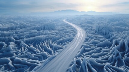 Fototapeta premium Snowy winter landscape. road in winter forest at sunset. Car travel concept.