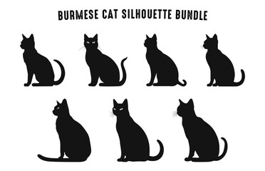 Burmese Cat Silhouettes Vector Set, Black Cats Silhouette bundle