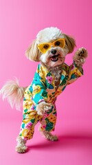Cute dog wearing colorful clorhes on pink background . vertical background 