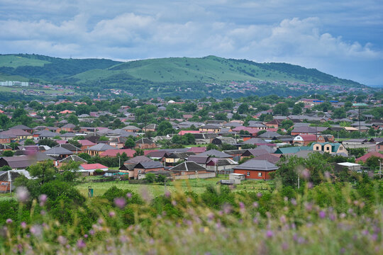 Hilly cityscape of Nazran on a cloudy day, Ingushetia Republic of Russia
