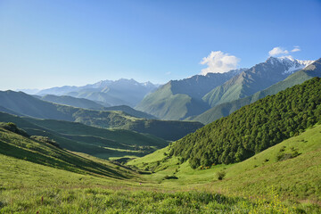 Fototapeta premium Landscape of Erzi Nature Reserve in the morning light, Ingushetia Republic of Russia