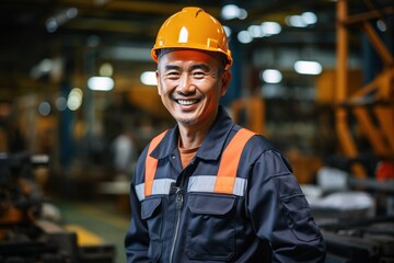 Portrait of a happy Asian male worker wearing a hard hat in a factory - obrazy, fototapety, plakaty
