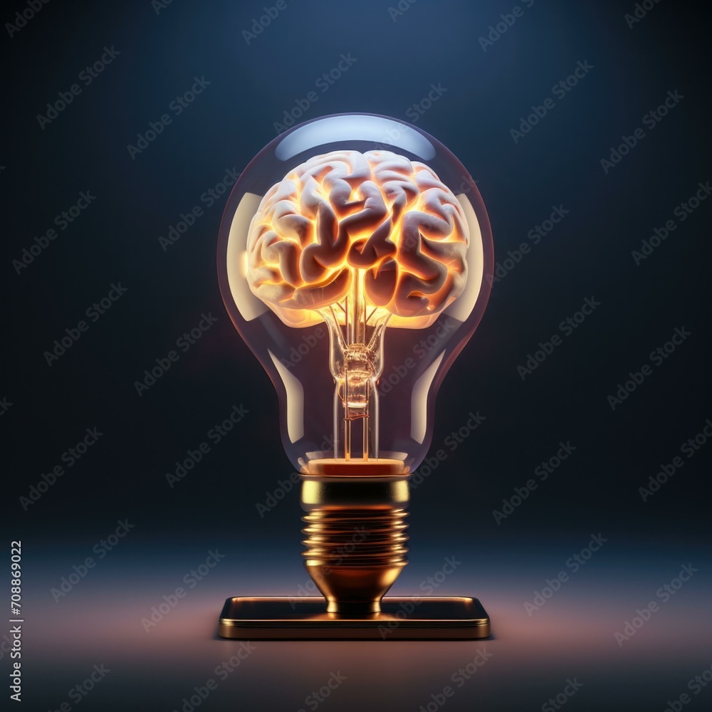 Poster a light bulb with a brain inside. generative ai.