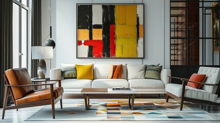 Modern Living Room Interior with Stylish Furniture, Abstract Art Painting, and Elegant in a Well-Lit Spacious Apartment