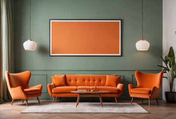 Orange sofa against soft green wall with big poster frame mockup. Mid-century, vintage, retro style home interior design of modern living room.